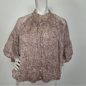 Fate Beige Purple Floral Prairie Romantic Button Front High Neck Blouse Size S